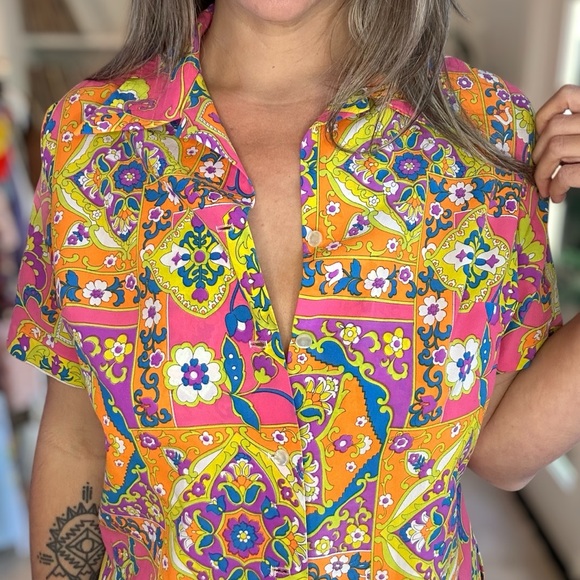 Vintage 60s Pykettes Psychedelic Top Button Up Large - Picture 4 of 8